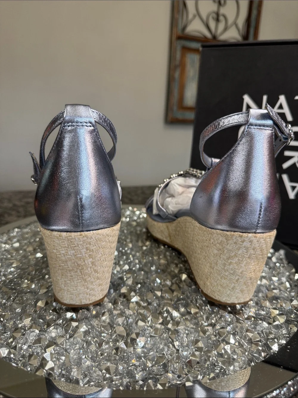 Naturalizer Serena Metallic blue Silver Jeweled Wedge Sandals NEW 8.5